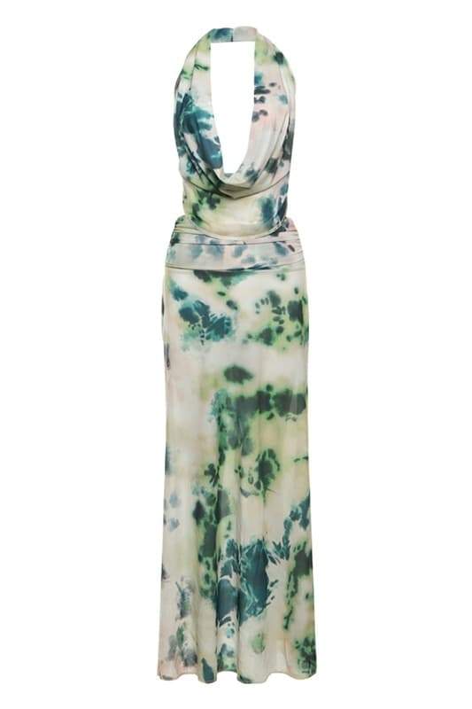 Halter Cowl Neck Watercolor Print Flowy Chiffon Maxi Dress