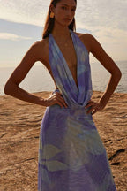Halter Cowl Neck Watercolor Print Flowy Chiffon Maxi Dress