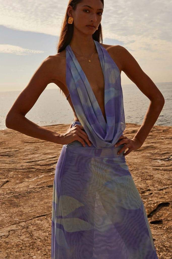 Halter Cowl Neck Watercolor Print Flowy Chiffon Maxi Dress