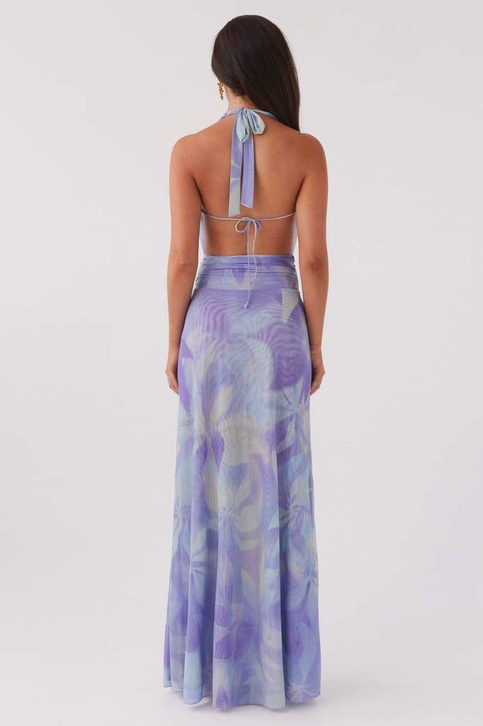Halter Cowl Neck Watercolor Print Flowy Chiffon Maxi Dress