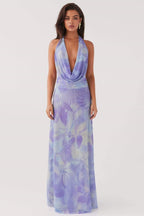 Halter Cowl Neck Watercolor Print Flowy Chiffon Maxi Dress