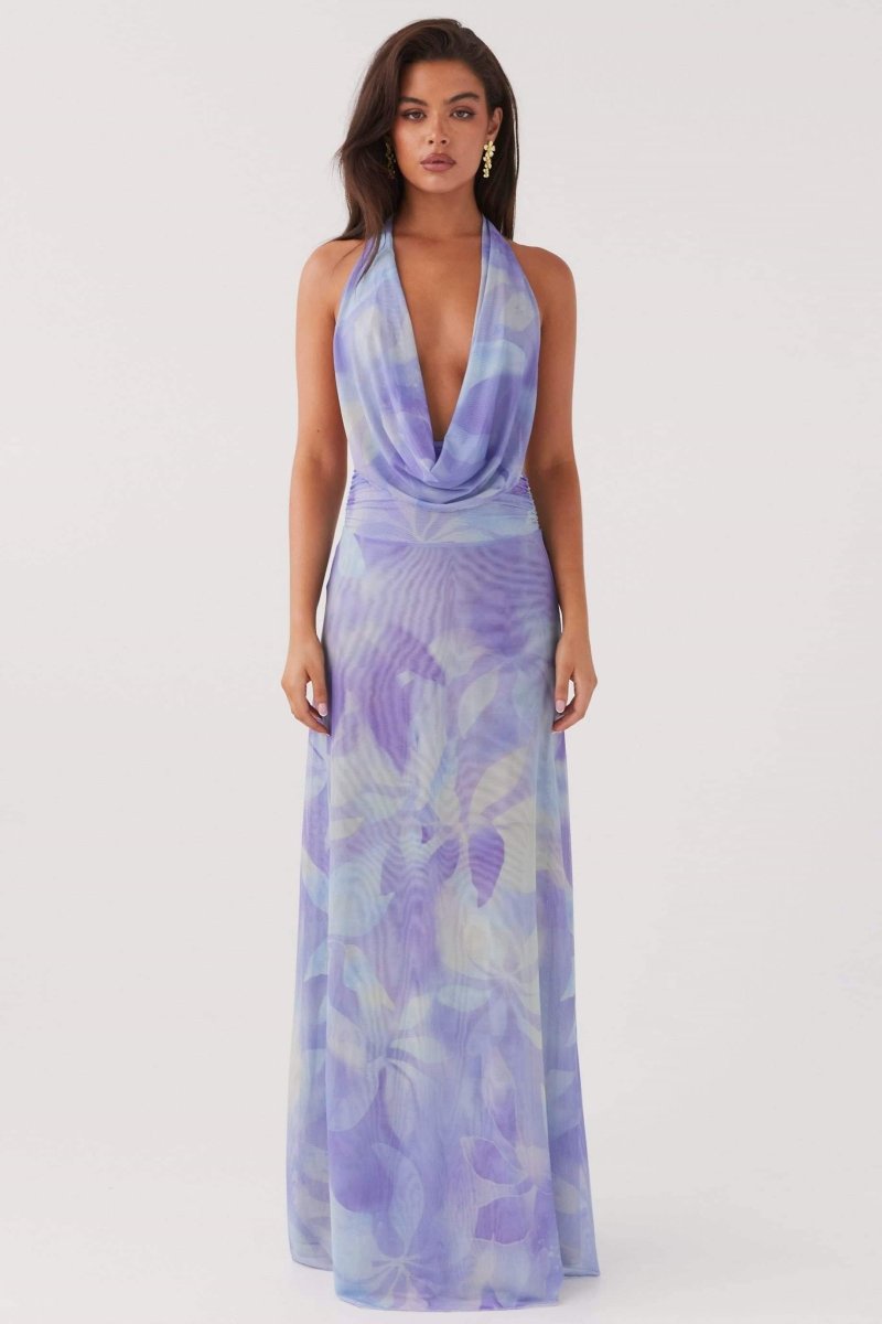 Halter Cowl Neck Watercolor Print Flowy Chiffon Maxi Dress