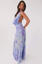 Halter Cowl Neck Watercolor Print Flowy Chiffon Maxi Dress