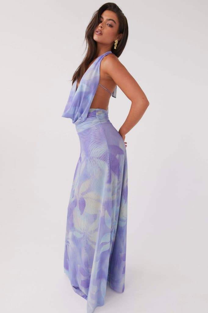 Halter Cowl Neck Watercolor Print Flowy Chiffon Maxi Dress