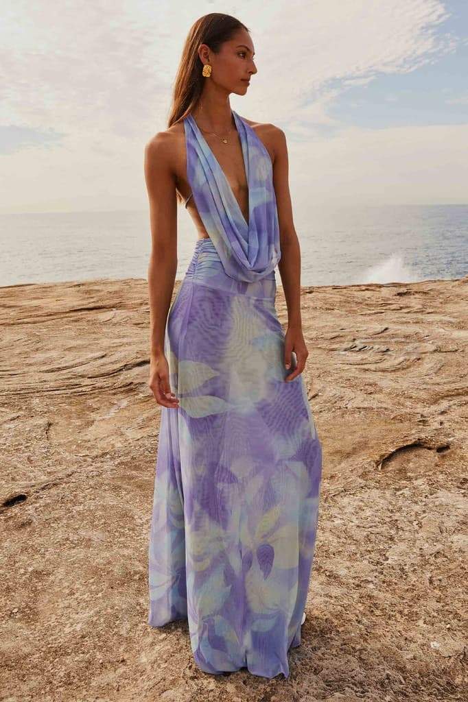 Halter Cowl Neck Watercolor Print Flowy Chiffon Maxi Dress