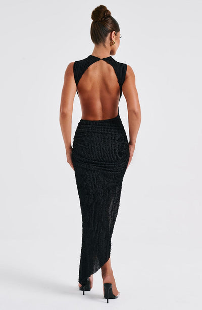 Mock Neck Sleeveless Side Cut Out Ruched High Split Bodycon Maxi Dress