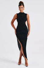 Mock Neck Sleeveless Side Cut Out Ruched High Split Bodycon Maxi Dress