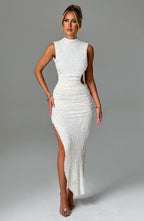 Mock Neck Sleeveless Side Cut Out Ruched High Split Bodycon Maxi Dress