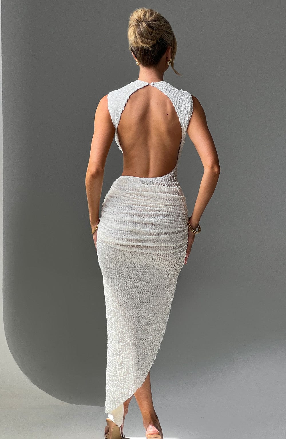 Mock Neck Sleeveless Side Cut Out Ruched High Split Bodycon Maxi Dress