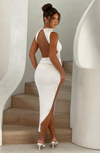 Mock Neck Sleeveless Side Cut Out Ruched High Split Bodycon Maxi Dress