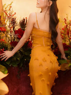 Yellow Applique Slim Slash Maxi Dress