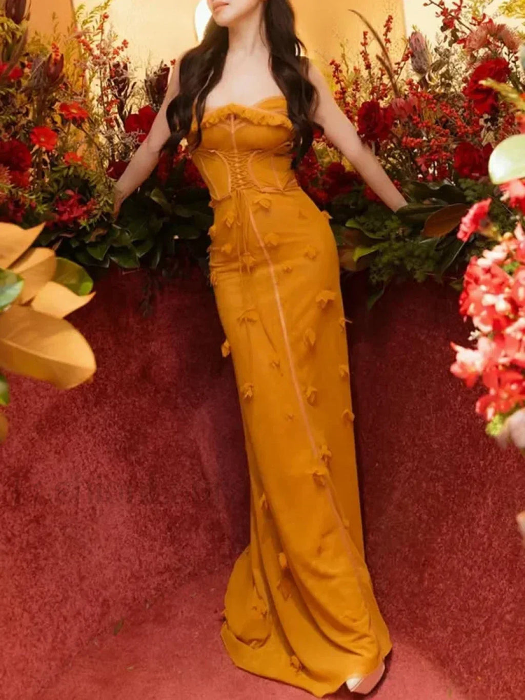 Yellow Applique Slim Slash Maxi Dress