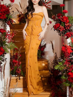 Yellow Applique Slim Slash Maxi Dress