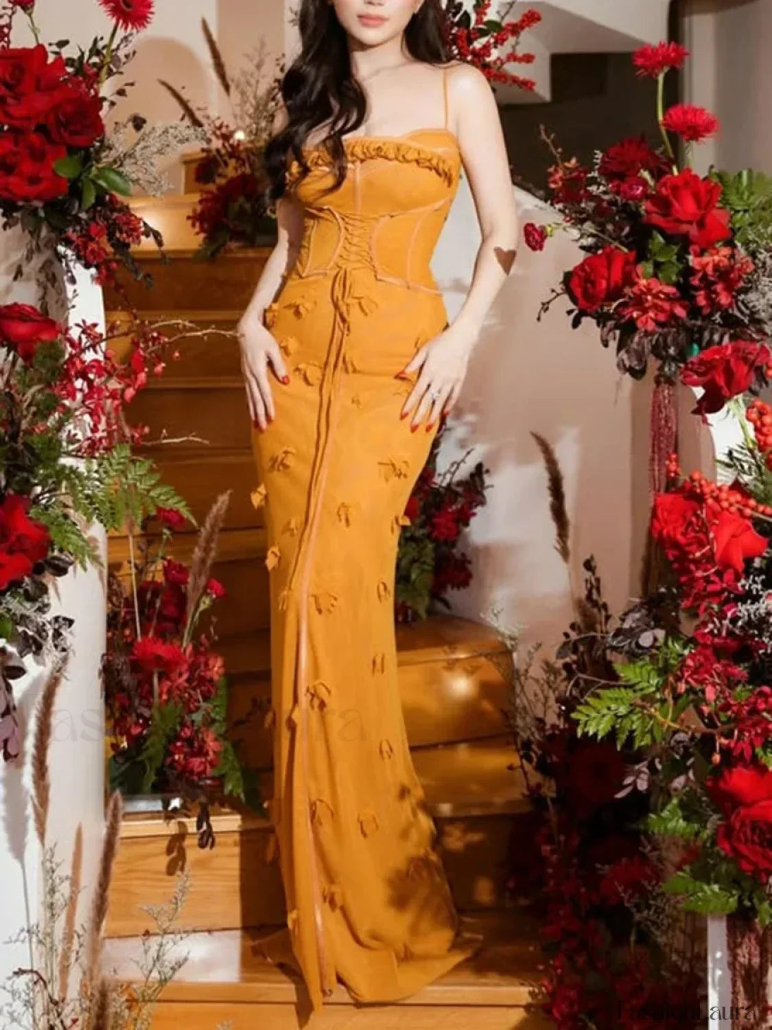 Yellow Applique Slim Slash Maxi Dress