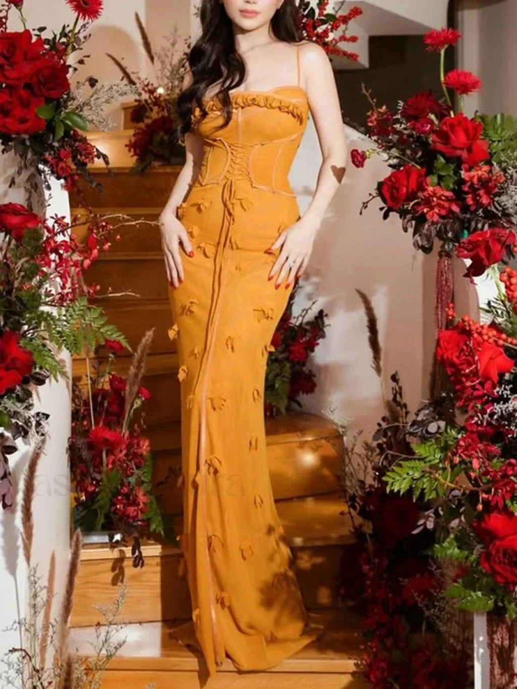 Yellow Applique Slim Slash Maxi Dress