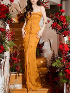 Yellow Applique Slim Slash Maxi Dress