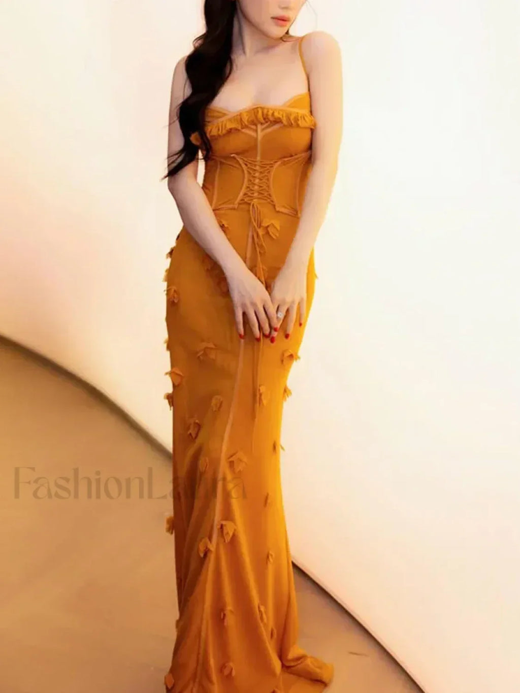 Yellow Applique Slim Slash Maxi Dress