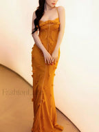 Yellow Applique Slim Slash Maxi Dress