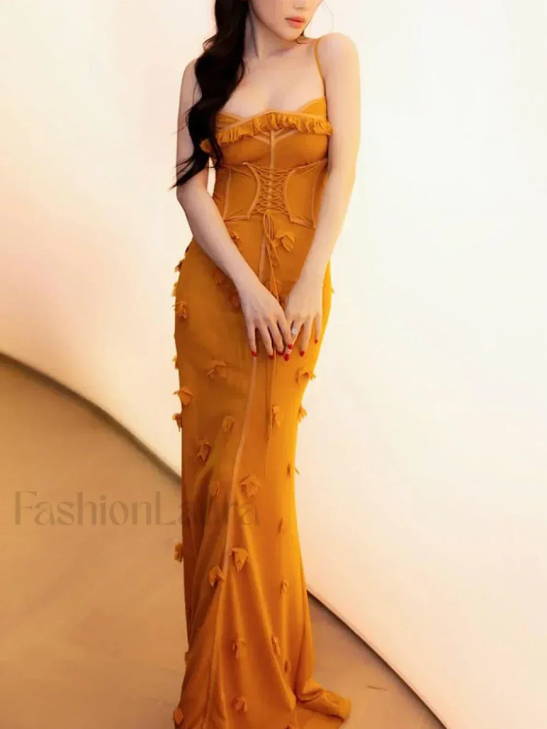 Yellow Applique Slim Slash Maxi Dress