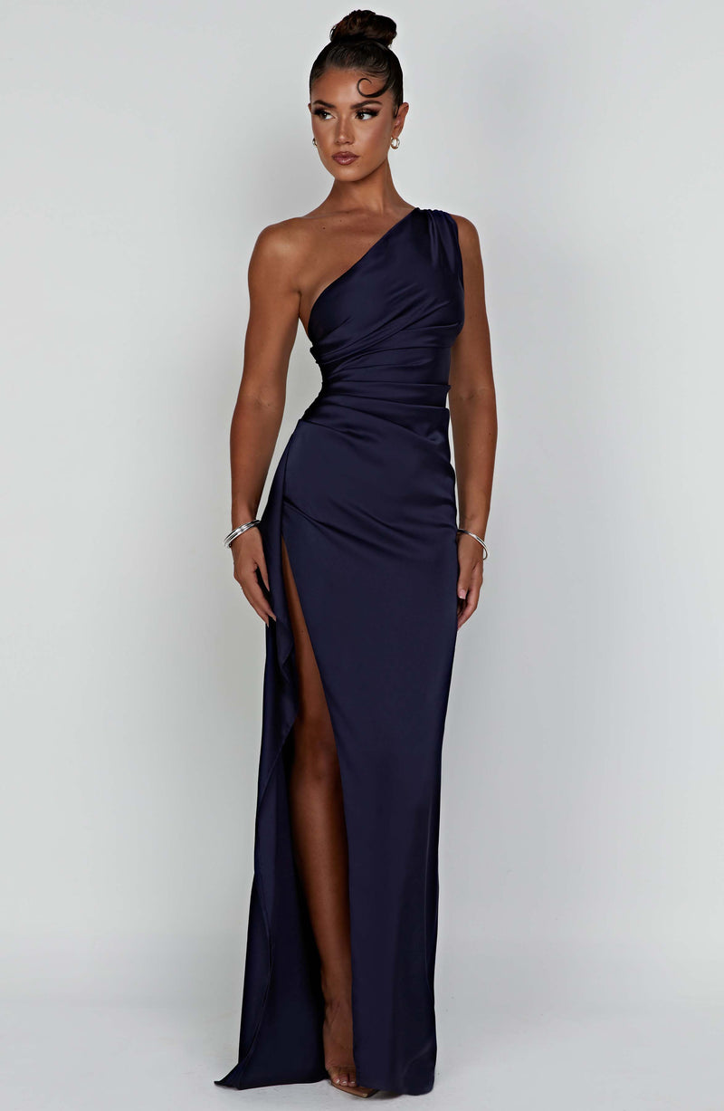 Satin One Shoulder Ruched Waist High Split Maxi Dress