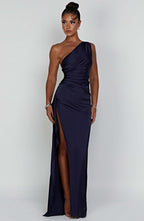 Satin One Shoulder Ruched Waist High Split Maxi Dress