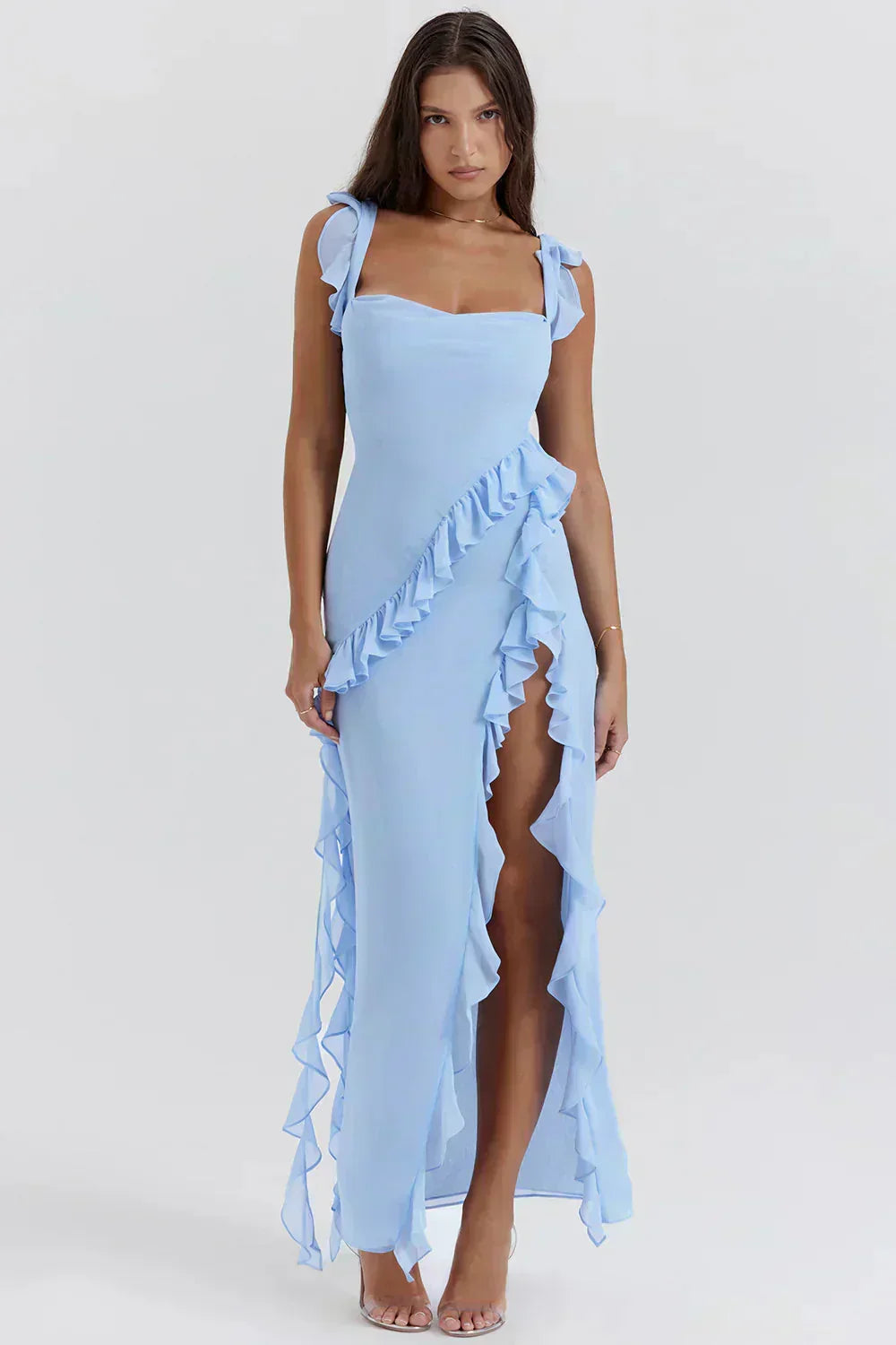 Chiffon Square Neck Ruffle Strap Wrap Cascading Ruffle High Split Maxi Gown