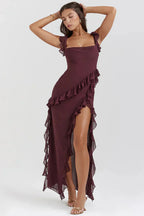 Chiffon Square Neck Ruffle Strap Wrap Cascading Ruffle High Split Maxi Gown