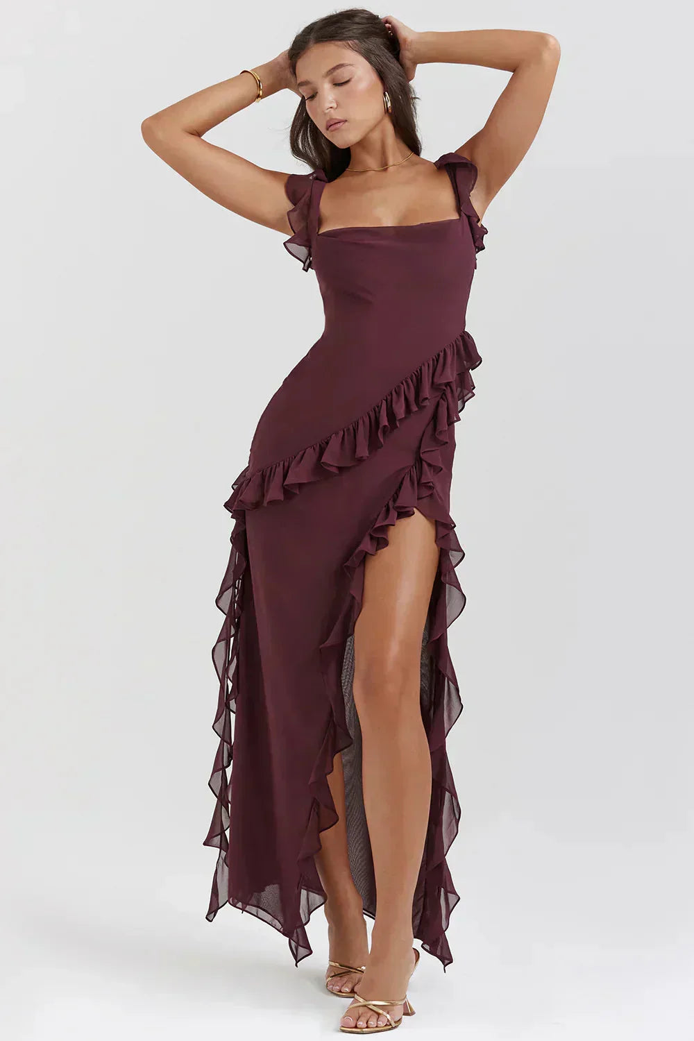 Chiffon Square Neck Ruffle Strap Wrap Cascading Ruffle High Split Maxi Gown