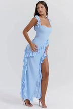 Chiffon Square Neck Ruffle Strap Wrap Cascading Ruffle High Split Maxi Gown
