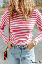 Arm Design Long Textured Pink Knit Striped Tee