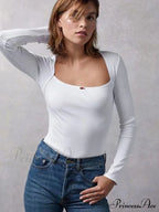 Arm Stretch Flower Boxy Long Thread T-Shirt Body Women's Neck Knitted Top