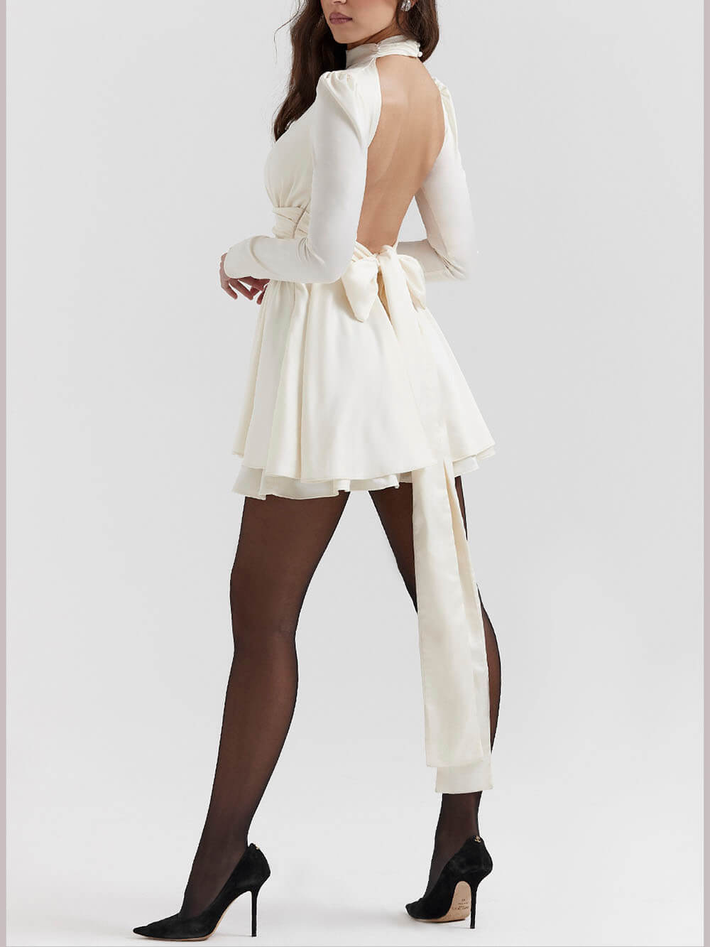 Halter Neck Puff Sleeve Open Back Bow Satin Mini Dress