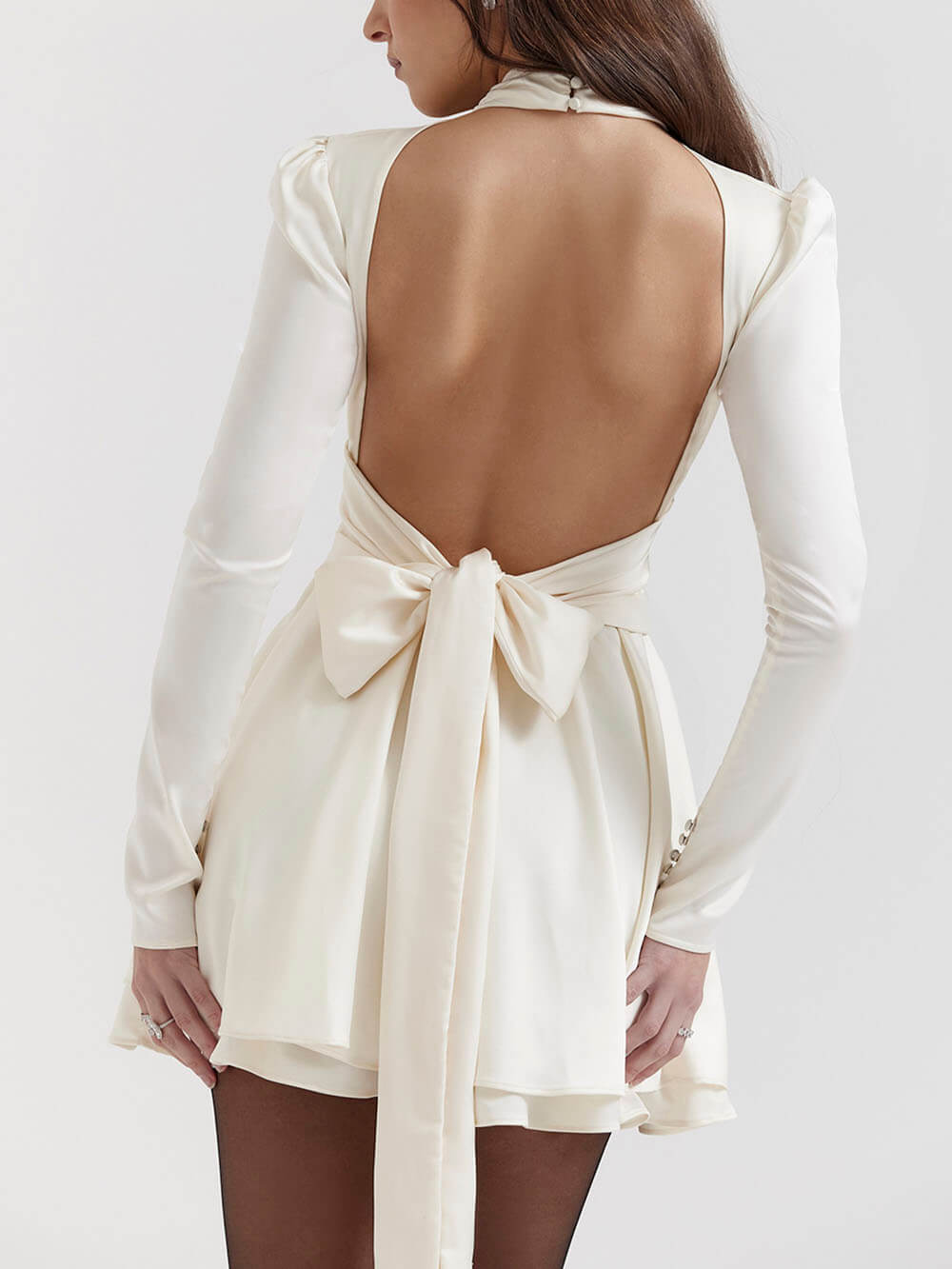 Halter Neck Puff Sleeve Open Back Bow Satin Mini Dress