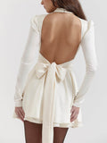 Halter Neck Puff Sleeve Open Back Bow Satin Mini Dress