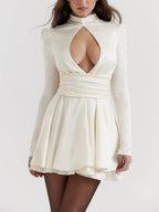 Halter Neck Puff Sleeve Open Back Bow Satin Mini Dress