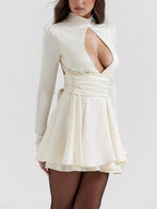 Halter Neck Puff Sleeve Open Back Bow Satin Mini Dress