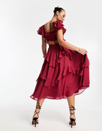 Square Neck Corset Ruched Tiered Ruffle Flutter Sleeve Maxi Dress