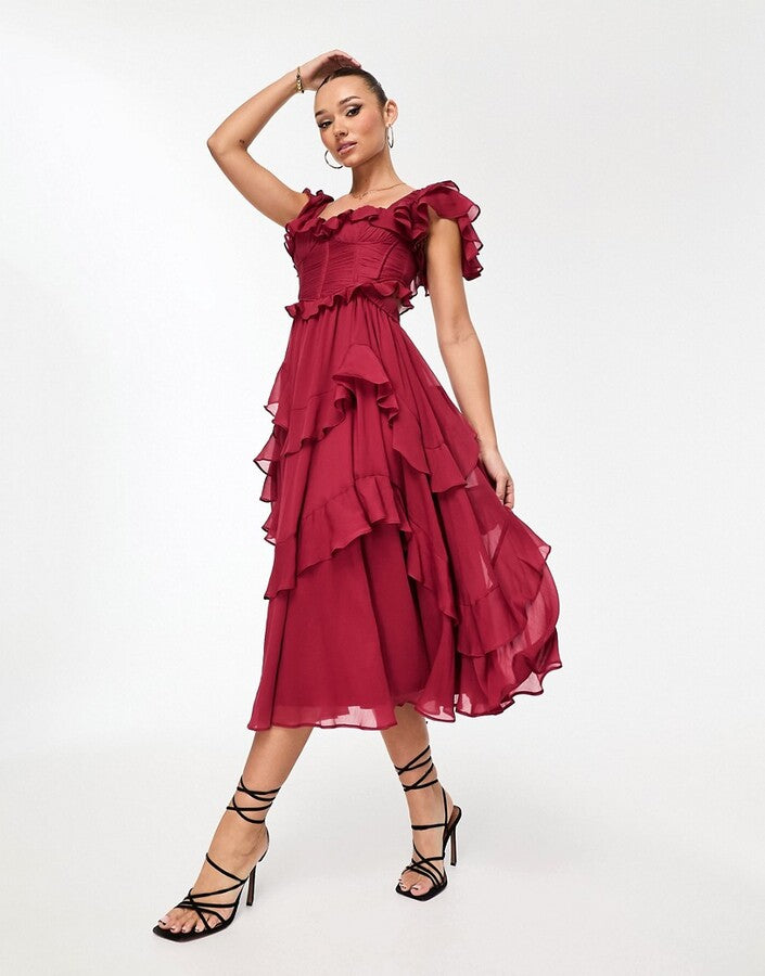 Square Neck Corset Ruched Tiered Ruffle Flutter Sleeve Maxi Dress