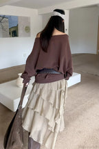 Asym Off-Shoulder Rivet Loose Sweatshirt