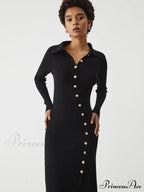 Asymmetric Button Down Long Modern Sleeve Midi Sweater Dress