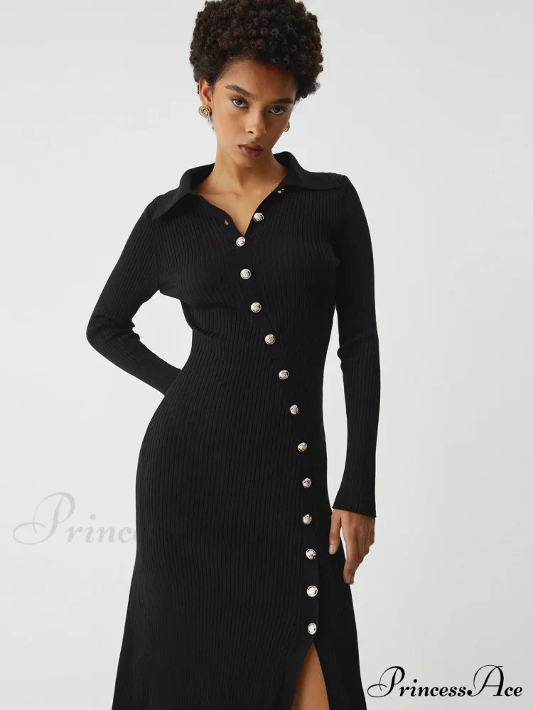 Asymmetric Button Down Long Modern Sleeve Midi Sweater Dress