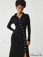Asymmetric Button Down Long Modern Sleeve Midi Sweater Dress