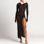 Button Up High Split Sheer Ribbed Knit Maxi Dress - Black