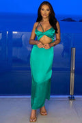 Asymmetric Cutout Summer High Slit Slip Maxi Dress - Green