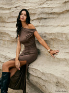 Dark Brown Asymmetric One-shoulder Split Knit Long Dress