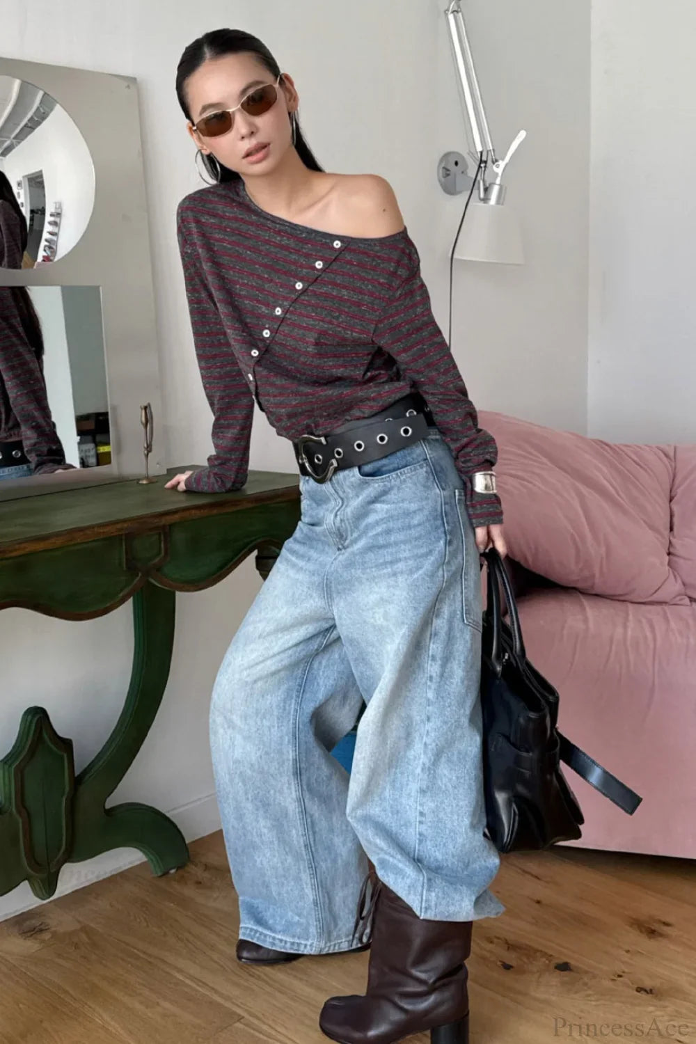 Asymmetric Shoulder Striped Color Block Reversible Long Sleeve Tee