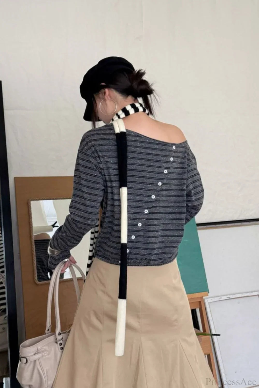 Asymmetric Shoulder Striped Color Block Reversible Long Sleeve Tee