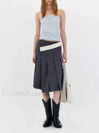 Asymmetric Striped Pleated Midi Skirt