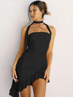 Asymmetrical Halter Lace Mini Dress