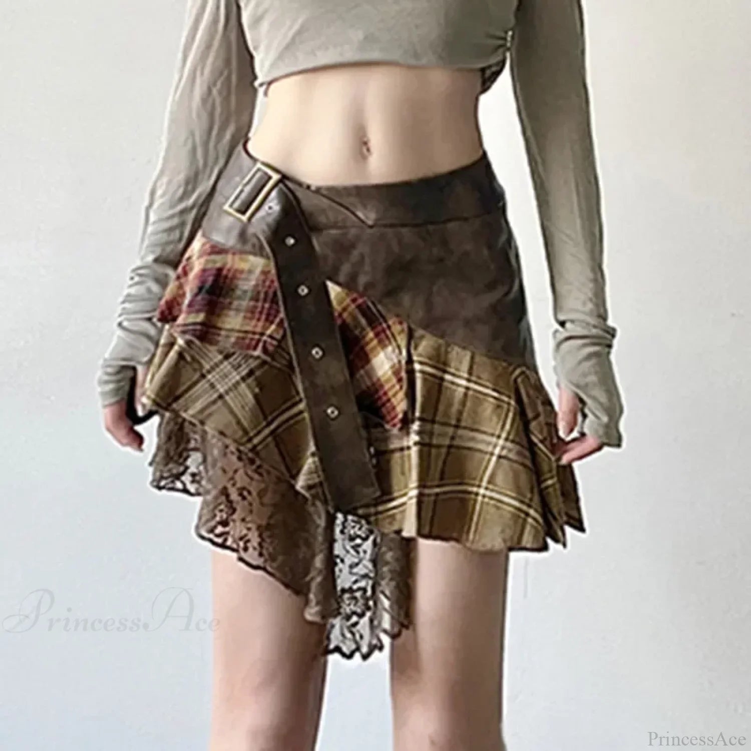 Asymmetrical Lace Stripes Plaid Skirt
